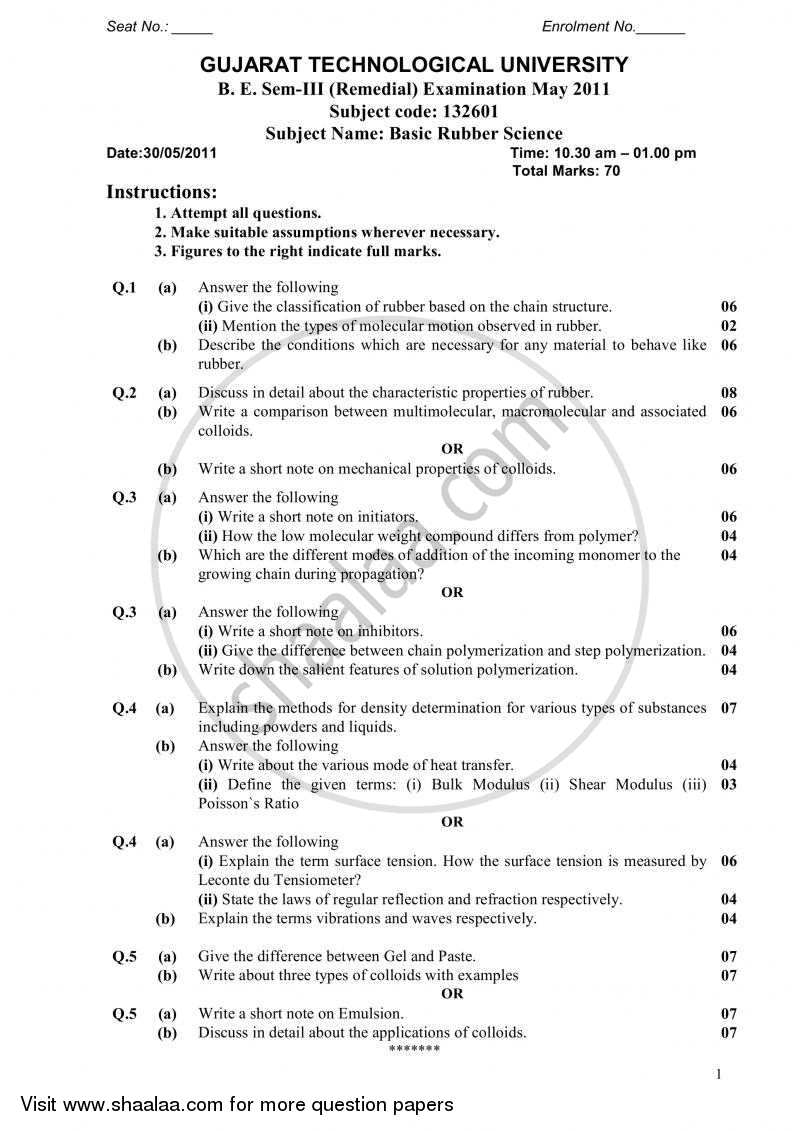 Basic Rubber Science 2010-2011 - B.E. - Semester 3 (SE Second Year) - Gujarat Technological University (GTU) question paper with PDF download