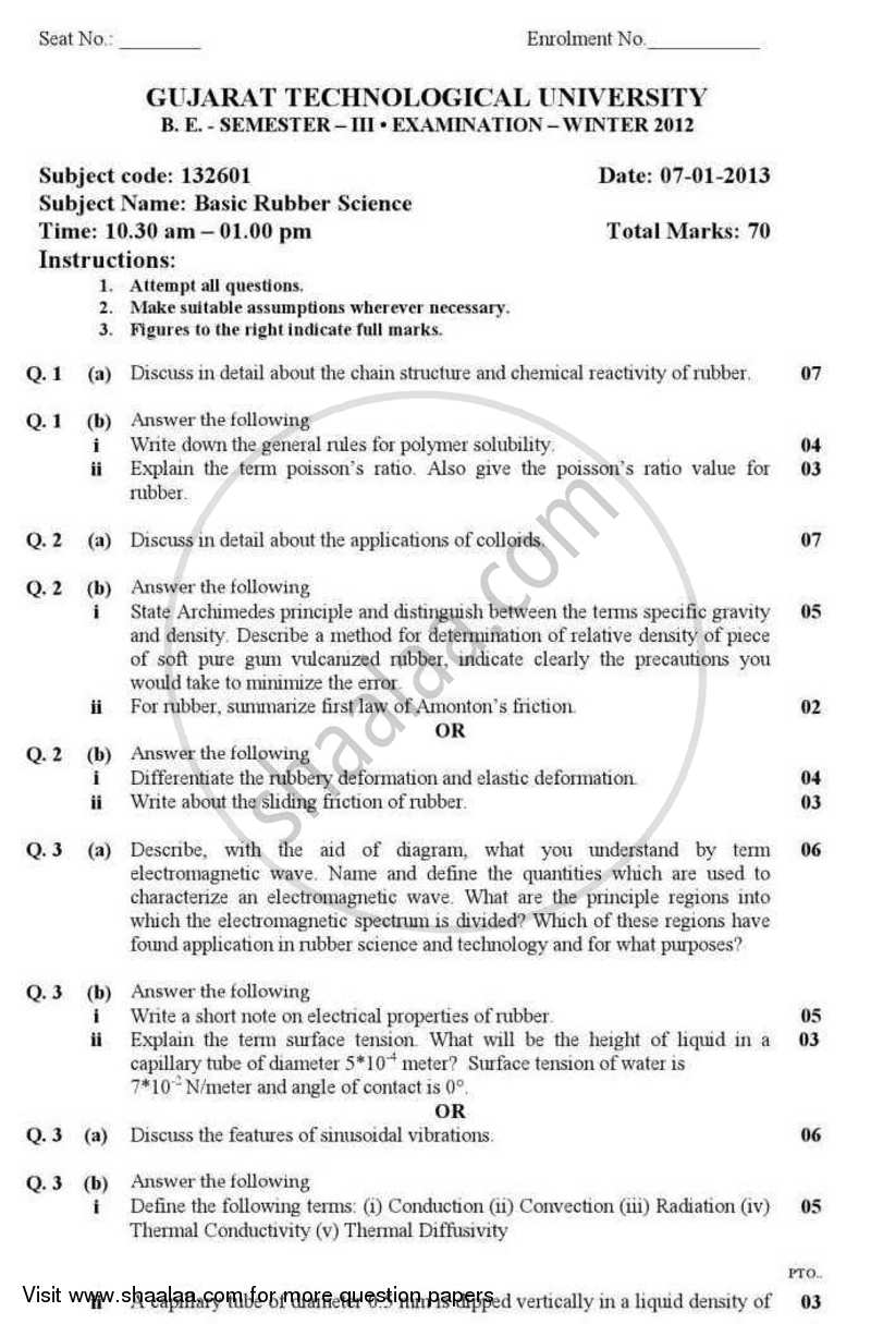 Basic Rubber Science 2012-2013 - B.E. - Semester 3 (SE Second Year) - Gujarat Technological University (GTU) question paper with PDF download