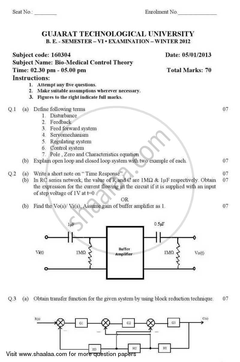 Bio-medical Control Theory 2012-2013 - B.E. - Semester 6 (TE Third Year) - Gujarat Technological University (GTU) question paper with PDF download