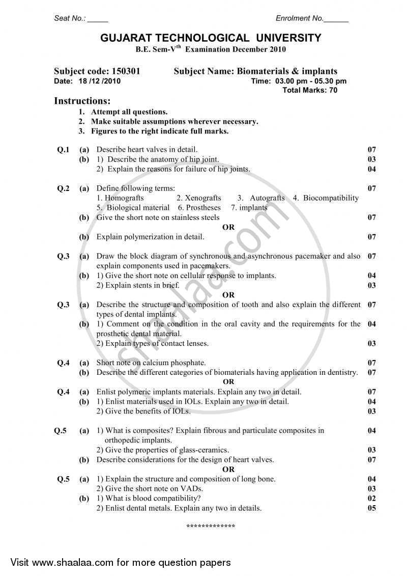 Biomaterials and Implants 2010-2011 - B.E. - Semester 5 (TE Third Year) - Gujarat Technological University (GTU) question paper with PDF download