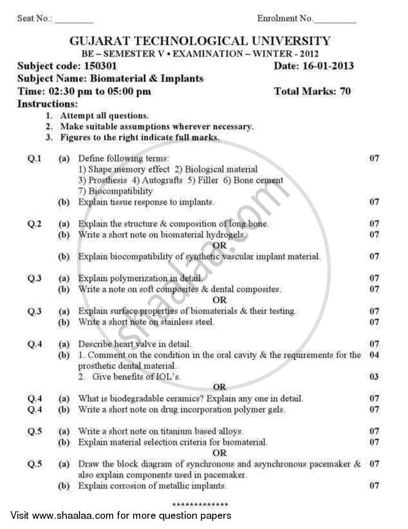 Biomaterials and Implants 2012-2013 - B.E. - Semester 5 (TE Third Year) - Gujarat Technological University (GTU) question paper with PDF download