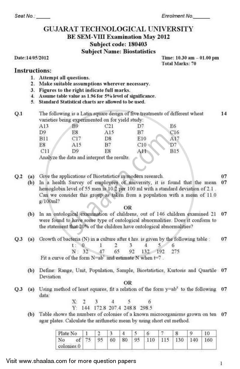 Biostatistics 2011-2012 - B.E. - Semester 8 (BE Fourth Year) - Gujarat Technological University (GTU) question paper with PDF download