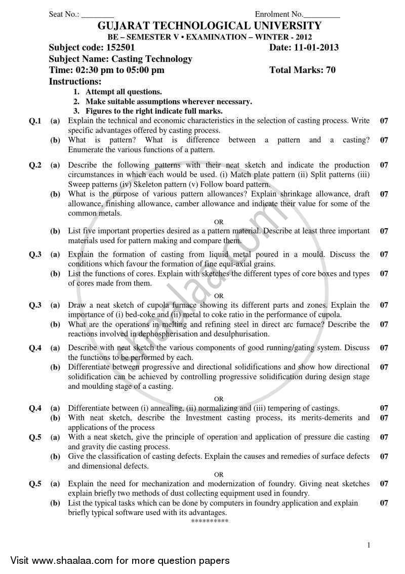 Casting Technology 2012-2013 - B.E. - Semester 5 (TE Third Year) - Gujarat Technological University (GTU) question paper with PDF download
