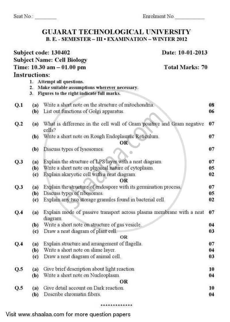 Cell Biology 2012-2013 - B.E. - Semester 3 (SE Second Year) - Gujarat Technological University (GTU) question paper with PDF download
