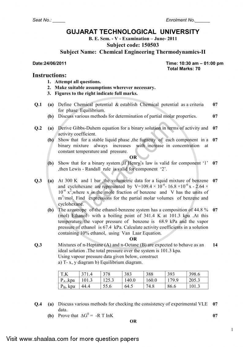 Chemical Engineering Thermodynamics 2 2010-2011 - B.E. - Semester 5 (TE Third Year) - Gujarat Technological University (GTU) question paper with PDF download
