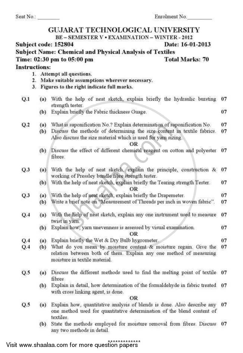 Chemical and Physical Analysis of Textiles 2012-2013 - B.E. - Semester 5 (TE Third Year) - Gujarat Technological University (GTU) question paper with PDF download