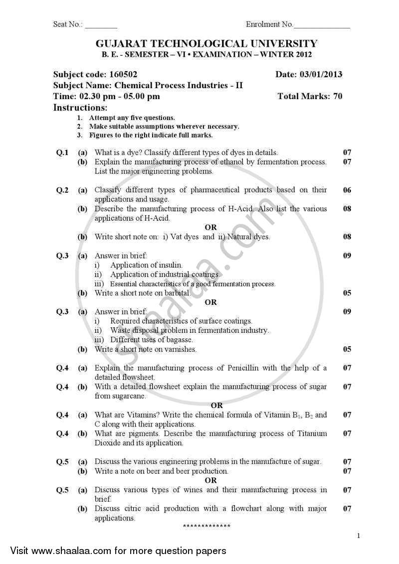 Chemical Process Industries 2 2012-2013 - B.E. - Semester 6 (TE Third Year) - Gujarat Technological University (GTU) question paper with PDF download