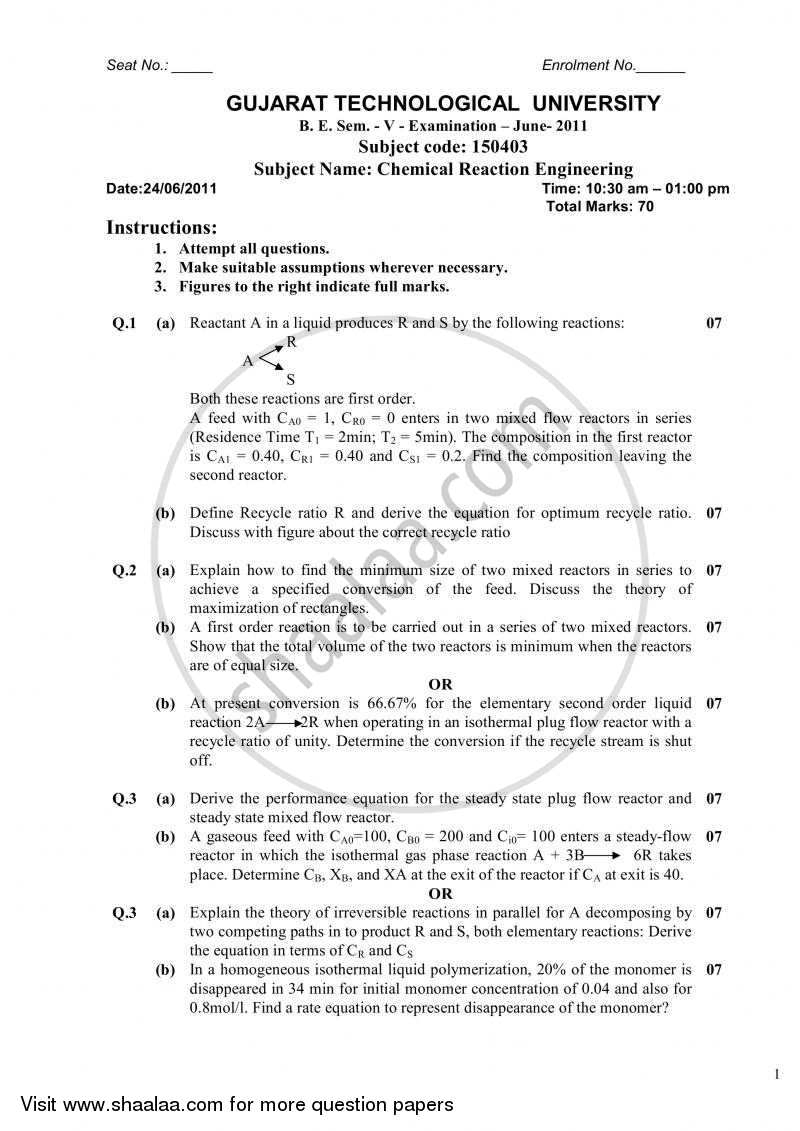 Chemical Reaction Engineering 2010-2011 - B.E. - Semester 5 (TE Third Year) - Gujarat Technological University (GTU) question paper with PDF download