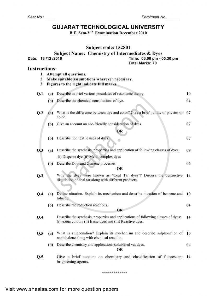 Chemistry of Intermediates and Dyes 2010-2011 - B.E. - Semester 5 (TE Third Year) - Gujarat Technological University (GTU) question paper with PDF download