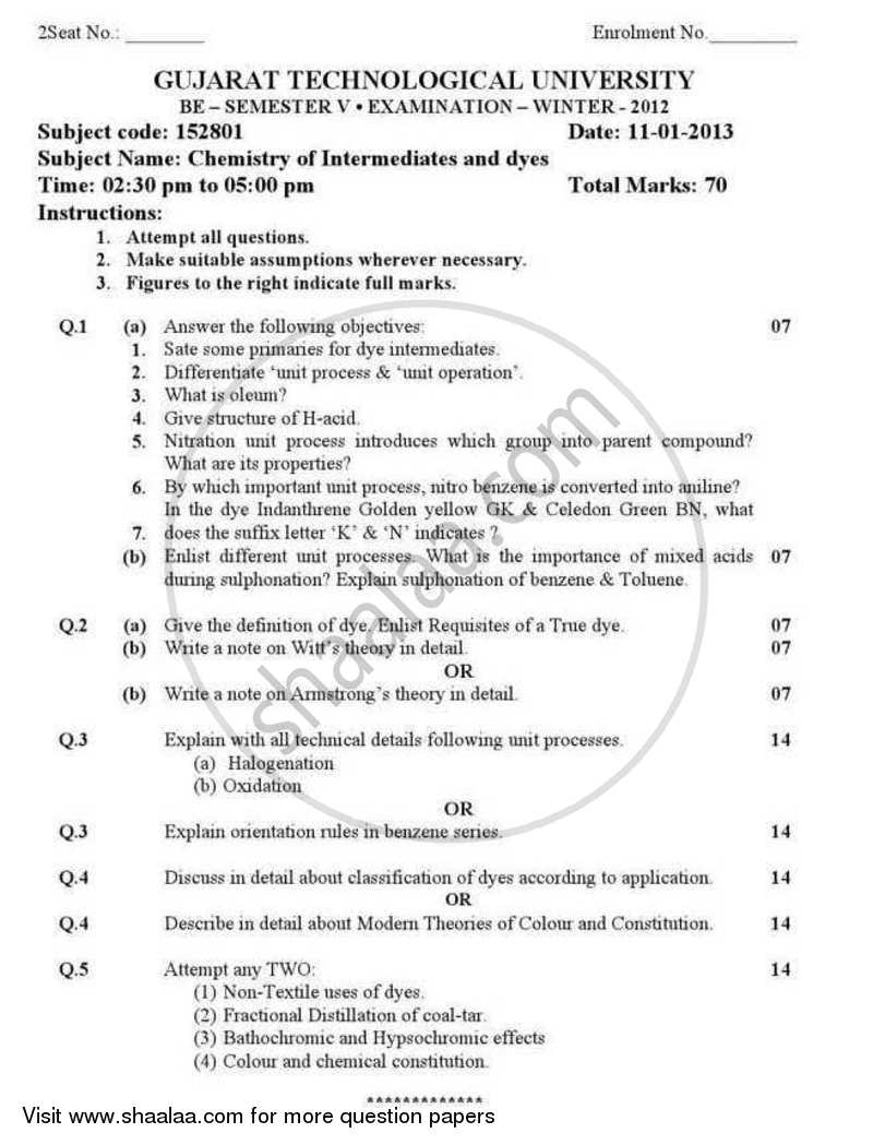 Chemistry of Intermediates and Dyes 2012-2013 - B.E. - Semester 5 (TE Third Year) - Gujarat Technological University (GTU) question paper with PDF download