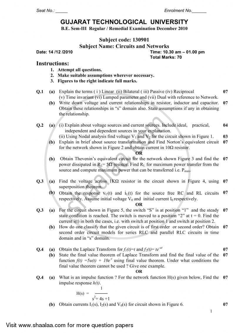 Circuits and Networks 2010-2011 - B.E. - Semester 3 (SE Second Year) - Gujarat Technological University (GTU) question paper with PDF download