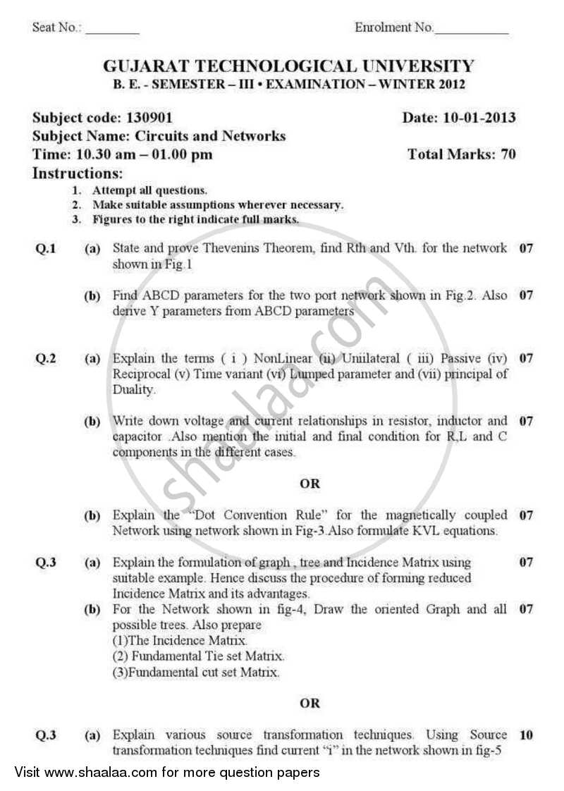 Circuits and Networks 2012-2013 - B.E. - Semester 3 (SE Second Year) - Gujarat Technological University (GTU) question paper with PDF download