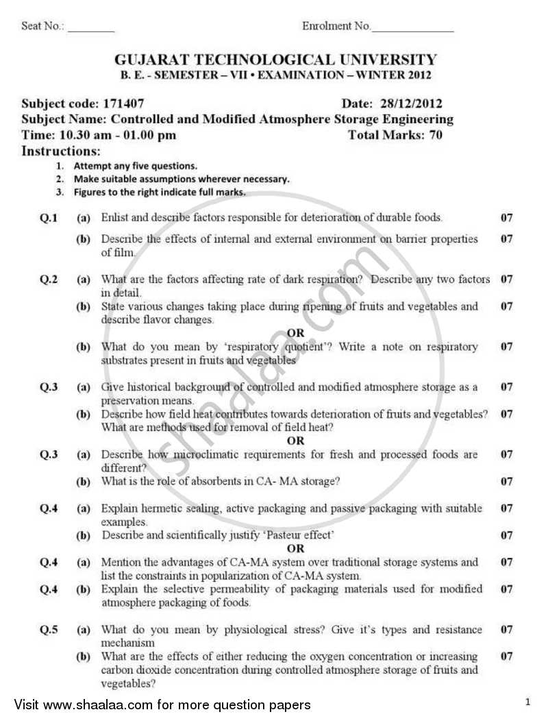 Controlled and Modified Atmosphere Storage Engineering 2012-2013 - B.E. - Semester 7 (BE Fourth Year) - Gujarat Technological University (GTU) question paper with PDF download