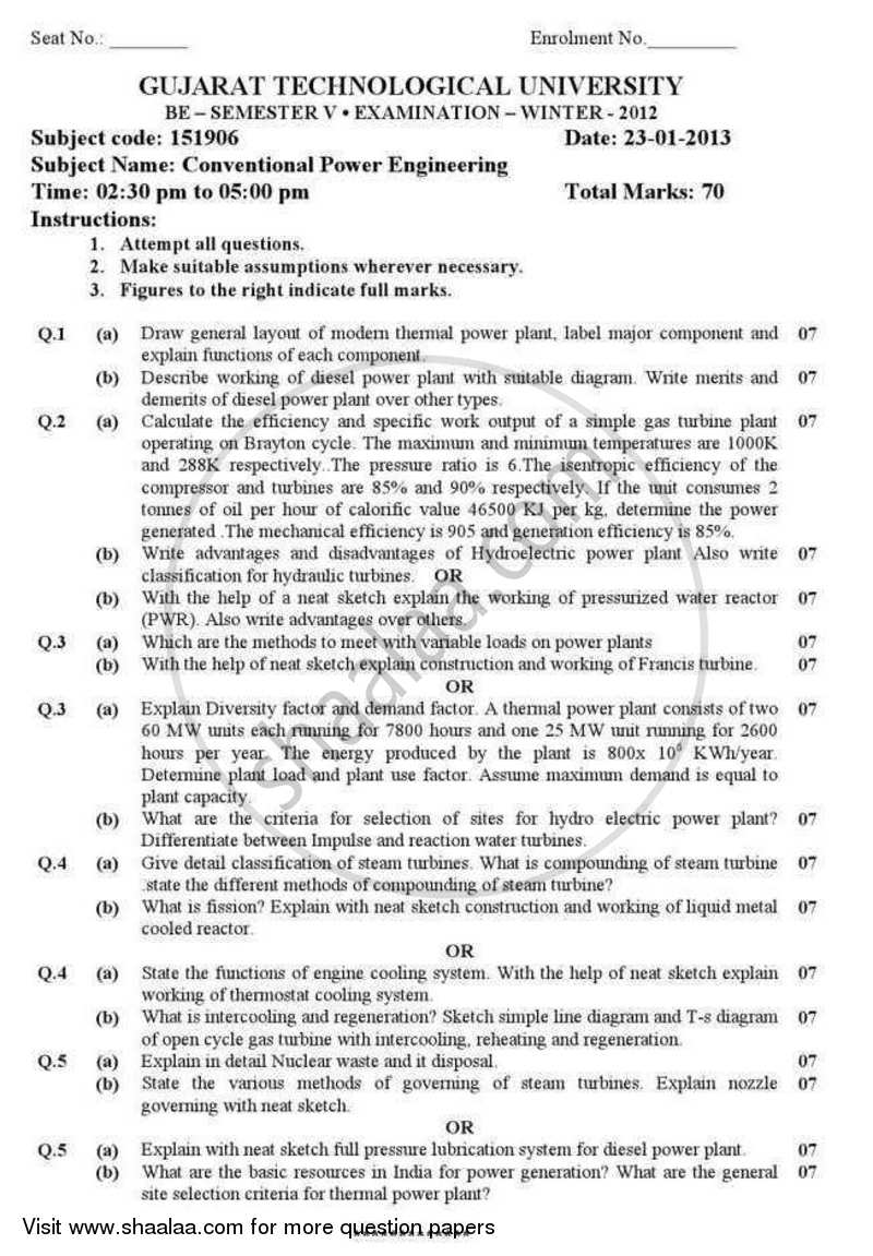 Conventional Power Engineering 2012-2013 - B.E. - Semester 5 (TE Third Year) - Gujarat Technological University (GTU) question paper with PDF download