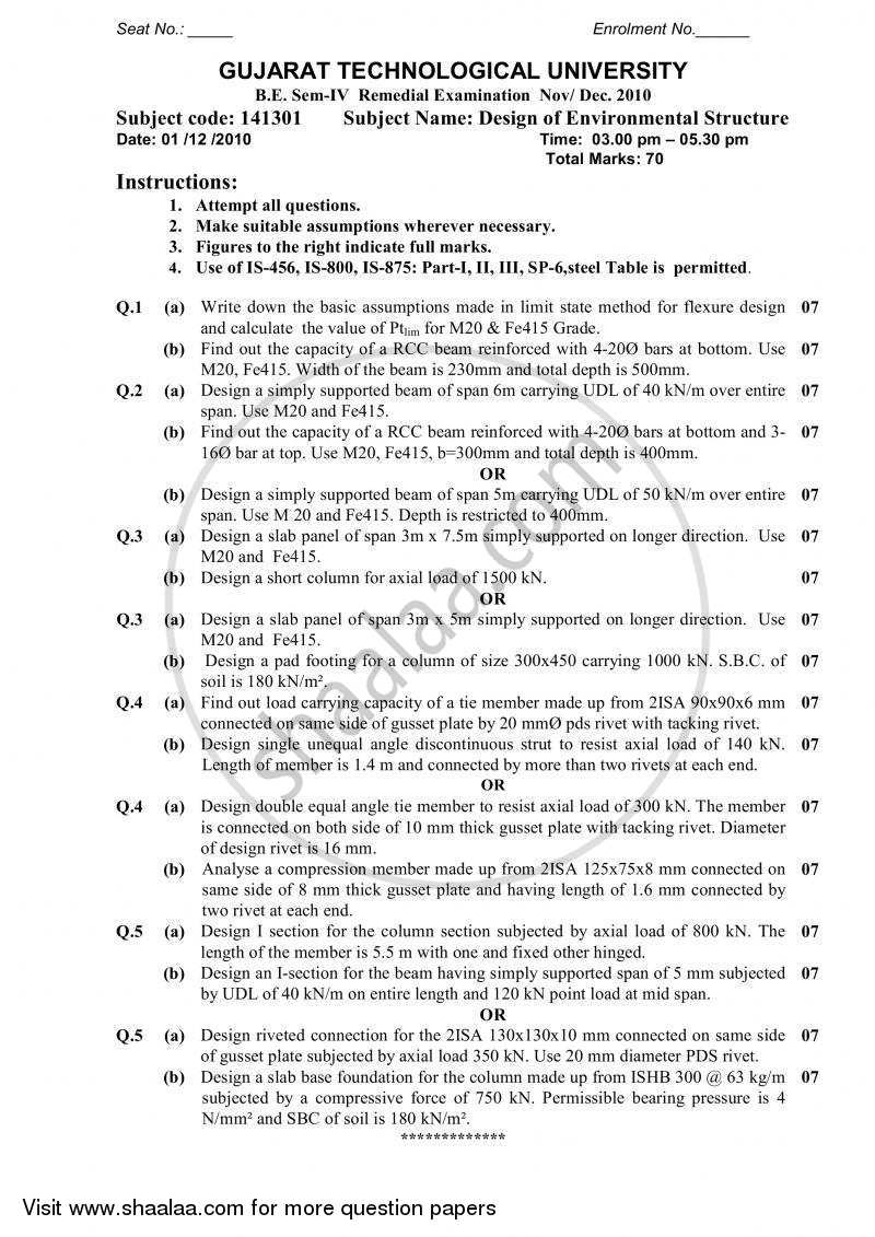 Design of Environmental Structure 2010-2011 - B.E. - Semester 4 (SE Second Year) - Gujarat Technological University (GTU) question paper with PDF download