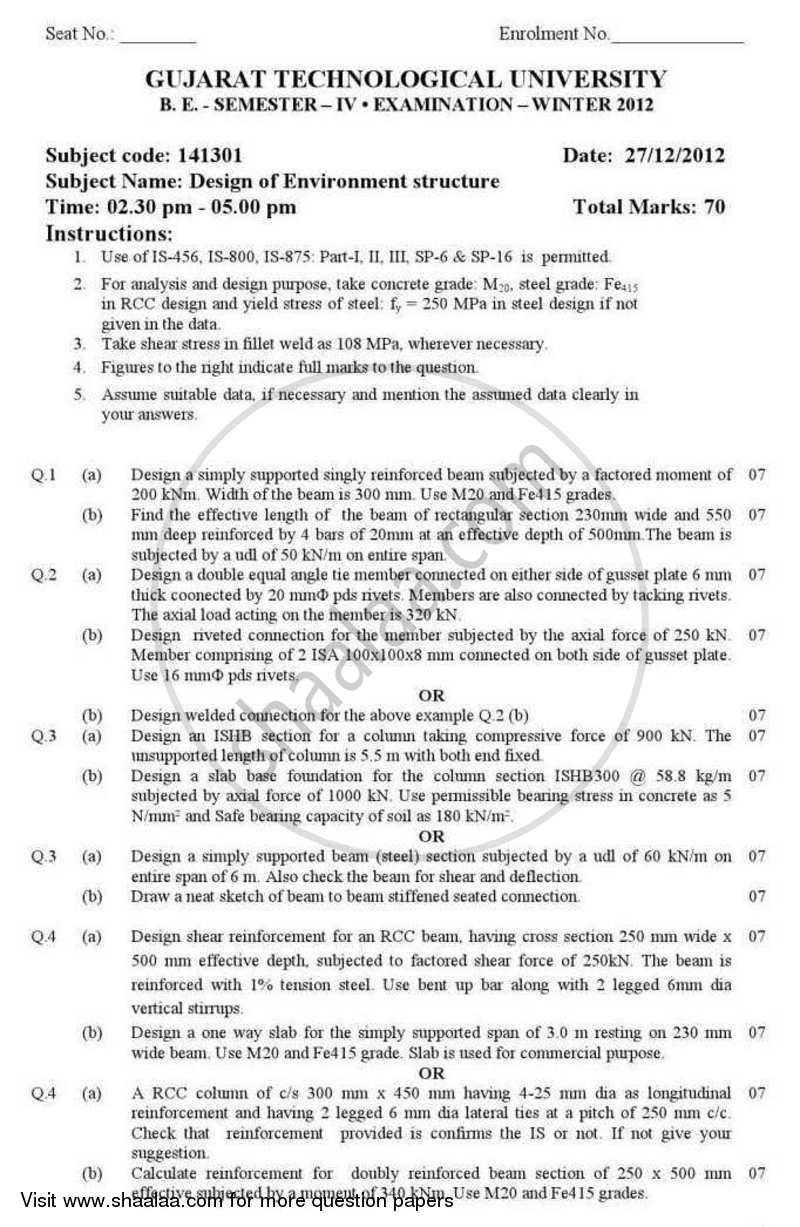 Design of Environmental Structure 2012-2013 - B.E. - Semester 4 (SE Second Year) - Gujarat Technological University (GTU) question paper with PDF download