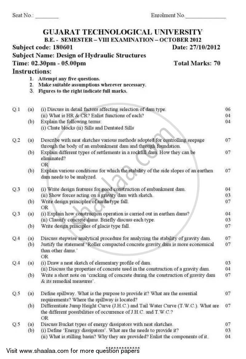 Design of Hydraulic Structures 2012-2013 - B.E. - Semester 8 (BE Fourth Year) - Gujarat Technological University (GTU) question paper with PDF download
