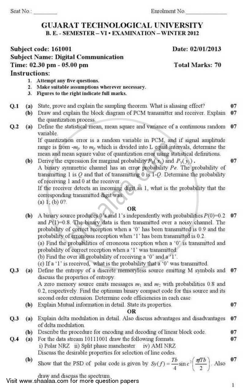 Digital Communication 2012-2013 - B.E. - Semester 6 (TE Third Year) - Gujarat Technological University (GTU) question paper with PDF download