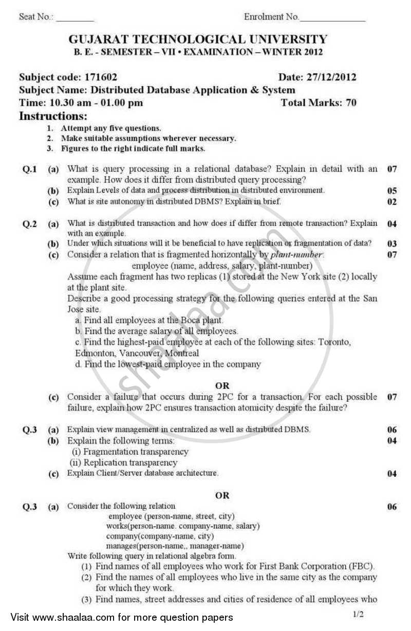 Distributed Database Application and System 2012-2013 - B.E. - Semester 7 (BE Fourth Year) - Gujarat Technological University (GTU) question paper with PDF download