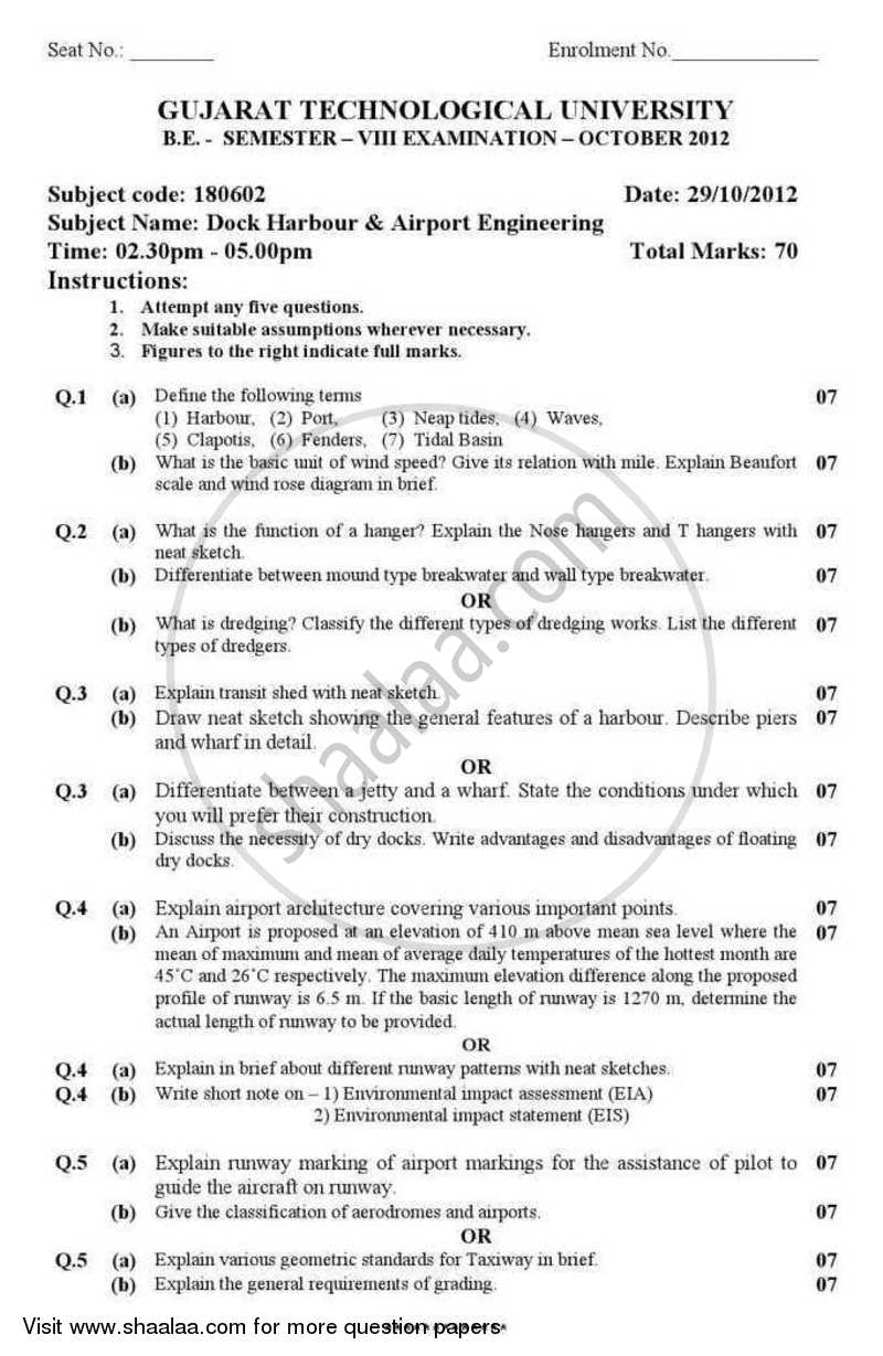 Dock Harbour and Airport Engineering 2012-2013 - B.E. - Semester 8 (BE Fourth Year) - Gujarat Technological University (GTU) question paper with PDF download