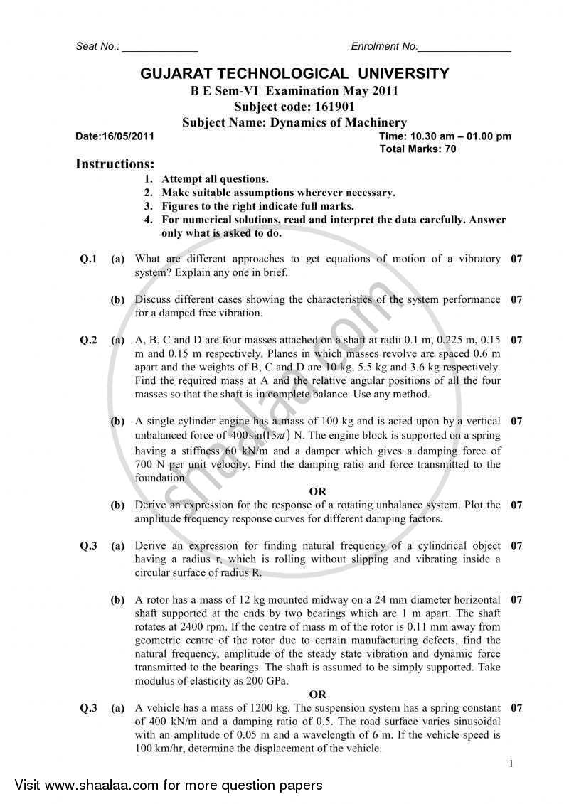 Dynamics of Machinery 2010-2011 - B.E. - Semester 6 (TE Third Year) - Gujarat Technological University (GTU) question paper with PDF download