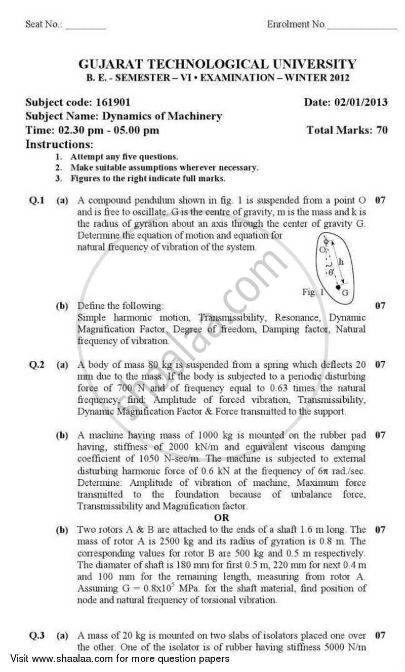 Dynamics of Machinery 2012-2013 - B.E. - Semester 6 (TE Third Year) - Gujarat Technological University (GTU) question paper with PDF download