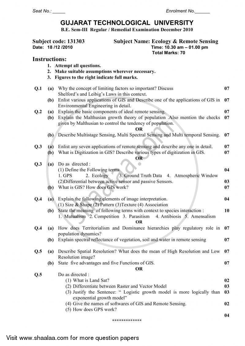 Ecology and Remote Sensing 2010-2011 - B.E. - Semester 3 (SE Second Year) - Gujarat Technological University (GTU) question paper with PDF download