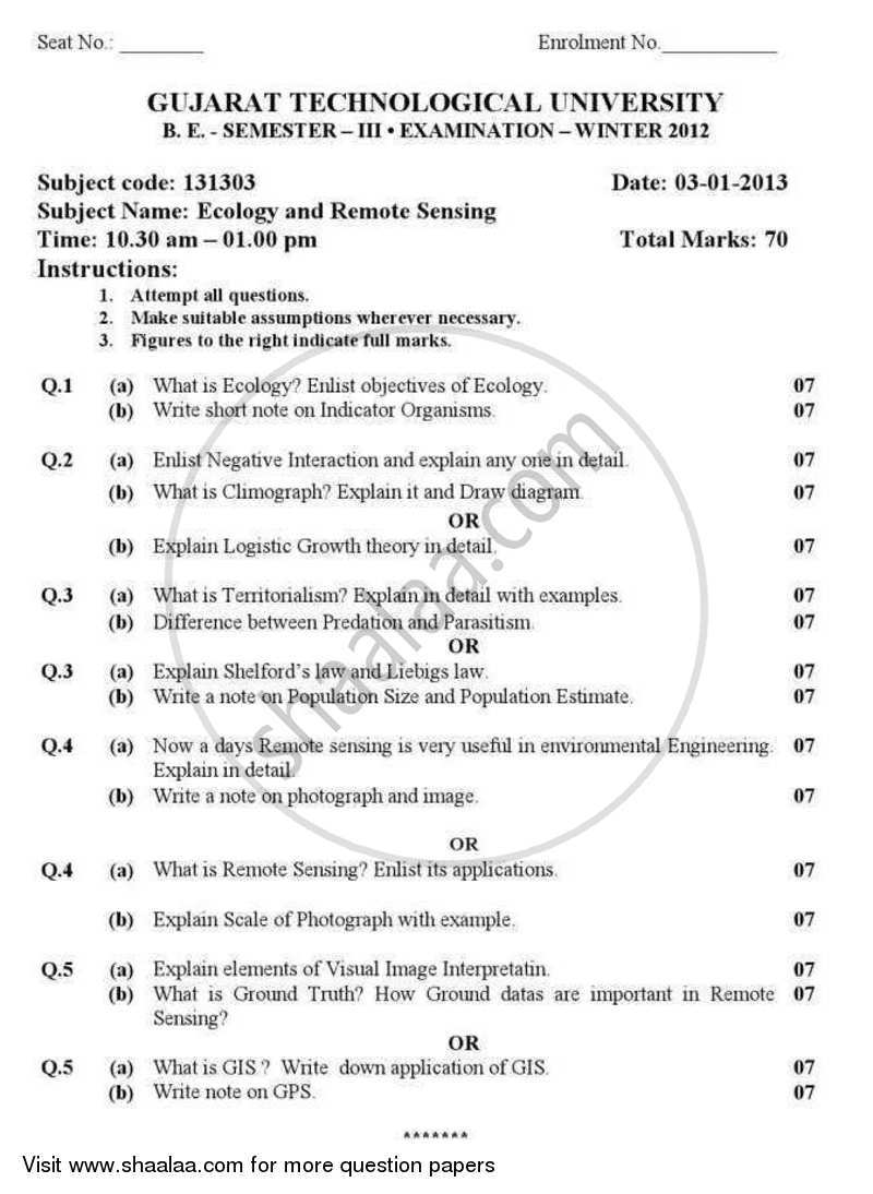 Ecology and Remote Sensing 2012-2013 - B.E. - Semester 3 (SE Second Year) - Gujarat Technological University (GTU) question paper with PDF download