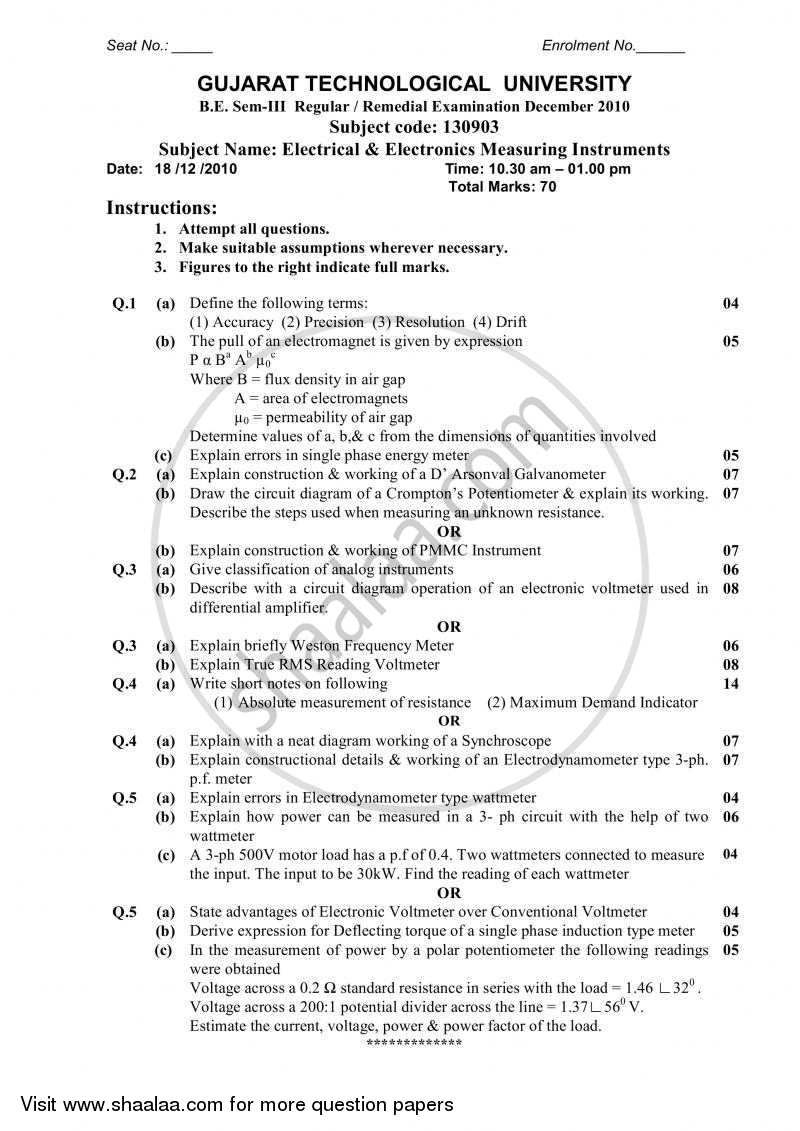 Electrical and Electronics Measuring Instruments 2010-2011 - B.E. - Semester 3 (SE Second Year) - Gujarat Technological University (GTU) question paper with PDF download