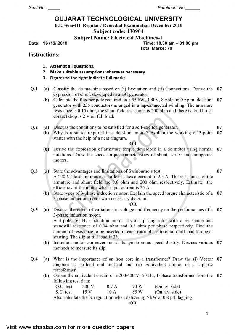 Electrical Machines 1 2010-2011 - B.E. - Semester 3 (SE Second Year) - Gujarat Technological University (GTU) question paper with PDF download