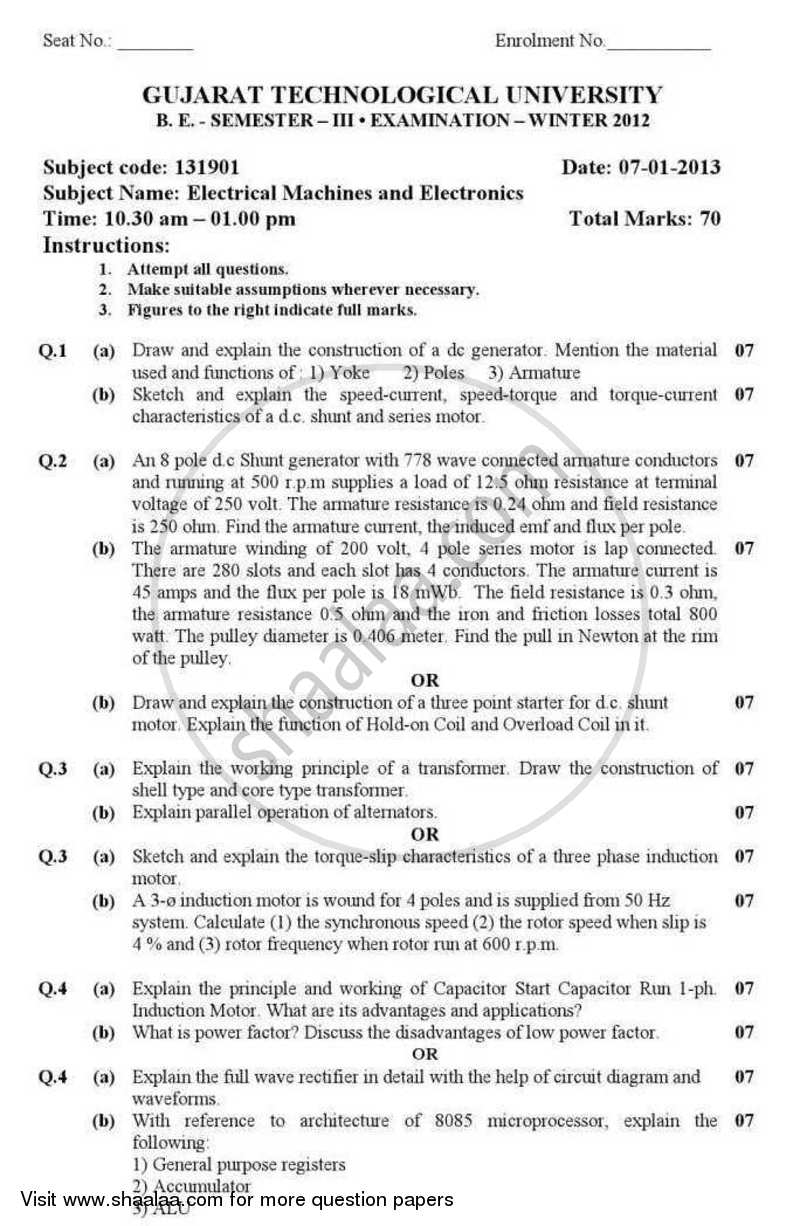 Electrical Machines and Electronics 2012-2013 - B.E. - Semester 3 (SE Second Year) - Gujarat Technological University (GTU) question paper with PDF download