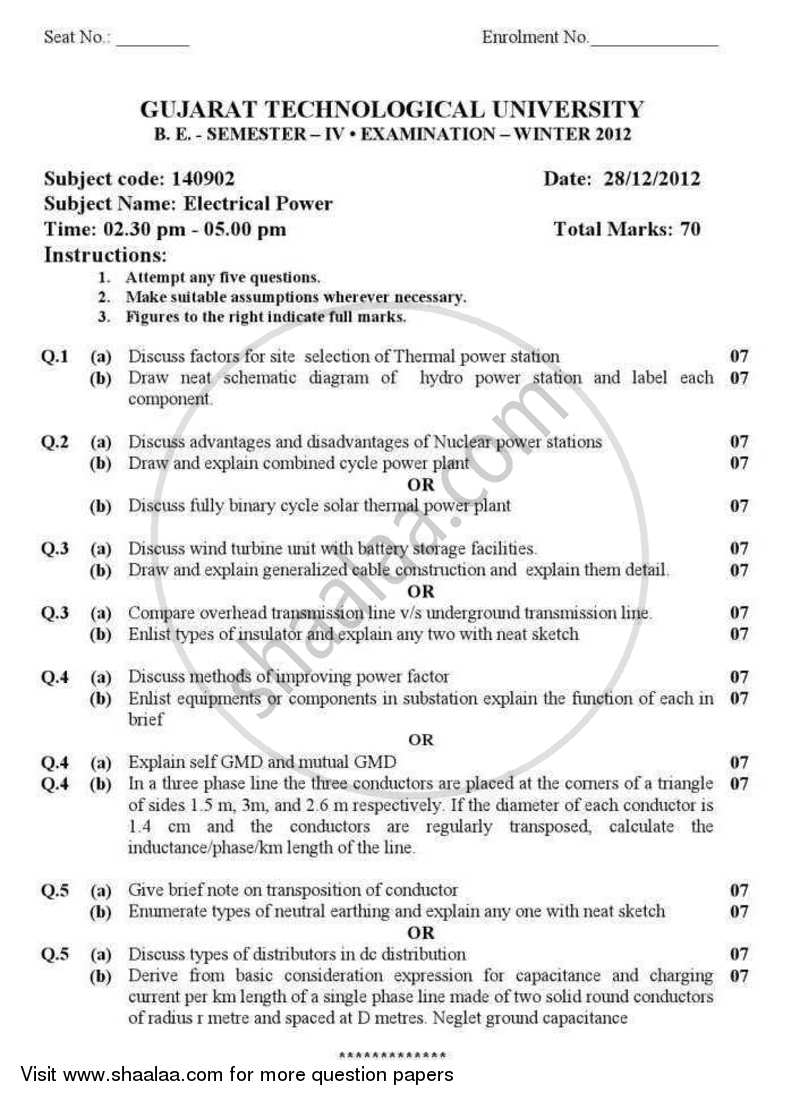 Electrical Power 2012-2013 - B.E. - Semester 4 (SE Second Year) - Gujarat Technological University (GTU) question paper with PDF download