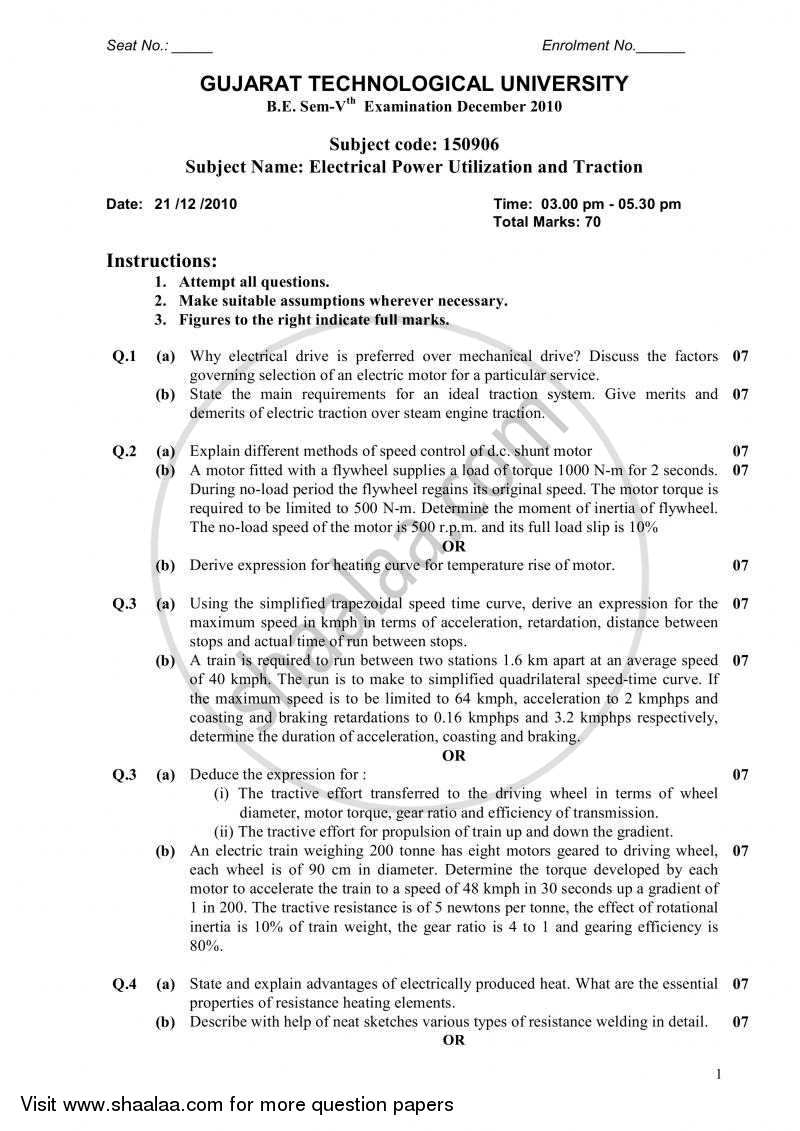 Electrical Power Utilization and Traction 2010-2011 - B.E. - Semester 5 (TE Third Year) - Gujarat Technological University (GTU) question paper with PDF download