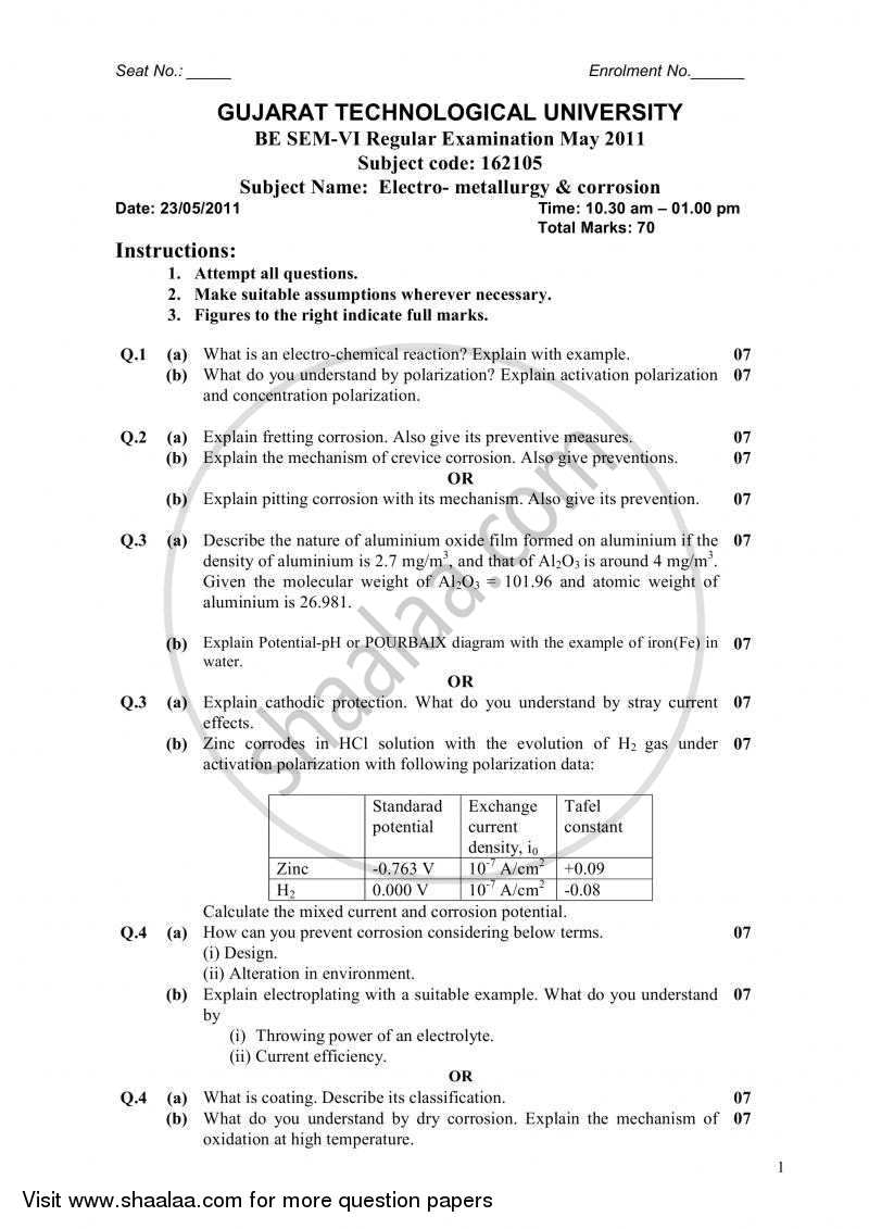 Electrometallurgy and Corrosion 2010-2011 - B.E. - Semester 6 (TE Third Year) - Gujarat Technological University (GTU) question paper with PDF download