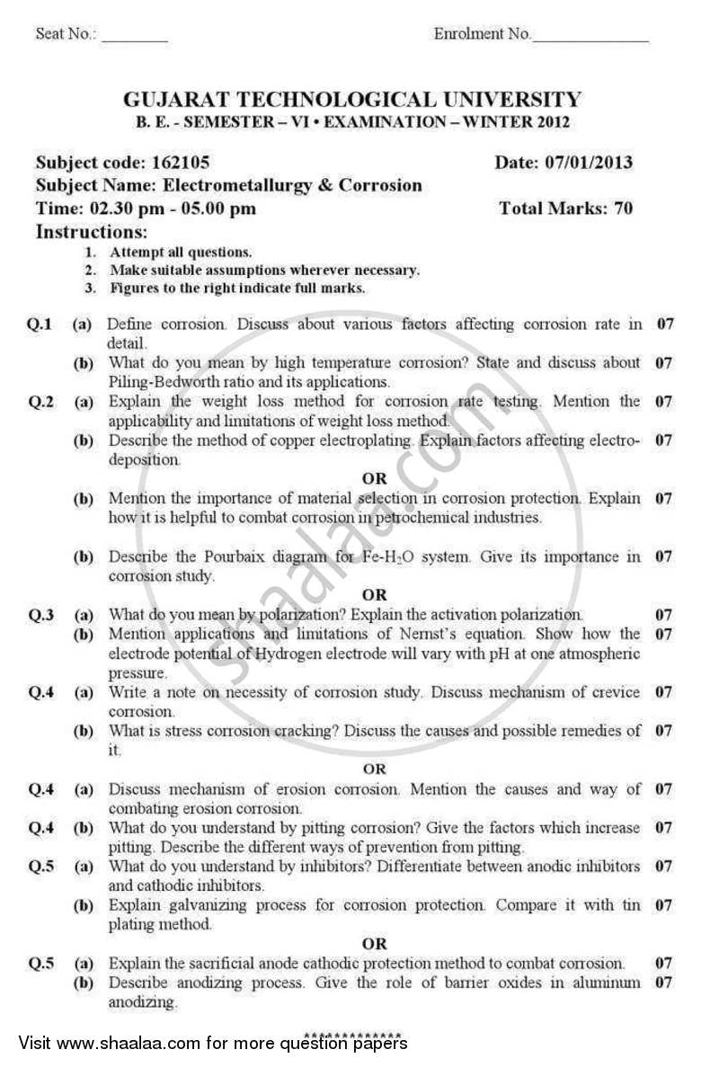 Electrometallurgy and Corrosion 2012-2013 - B.E. - Semester 6 (TE Third Year) - Gujarat Technological University (GTU) question paper with PDF download
