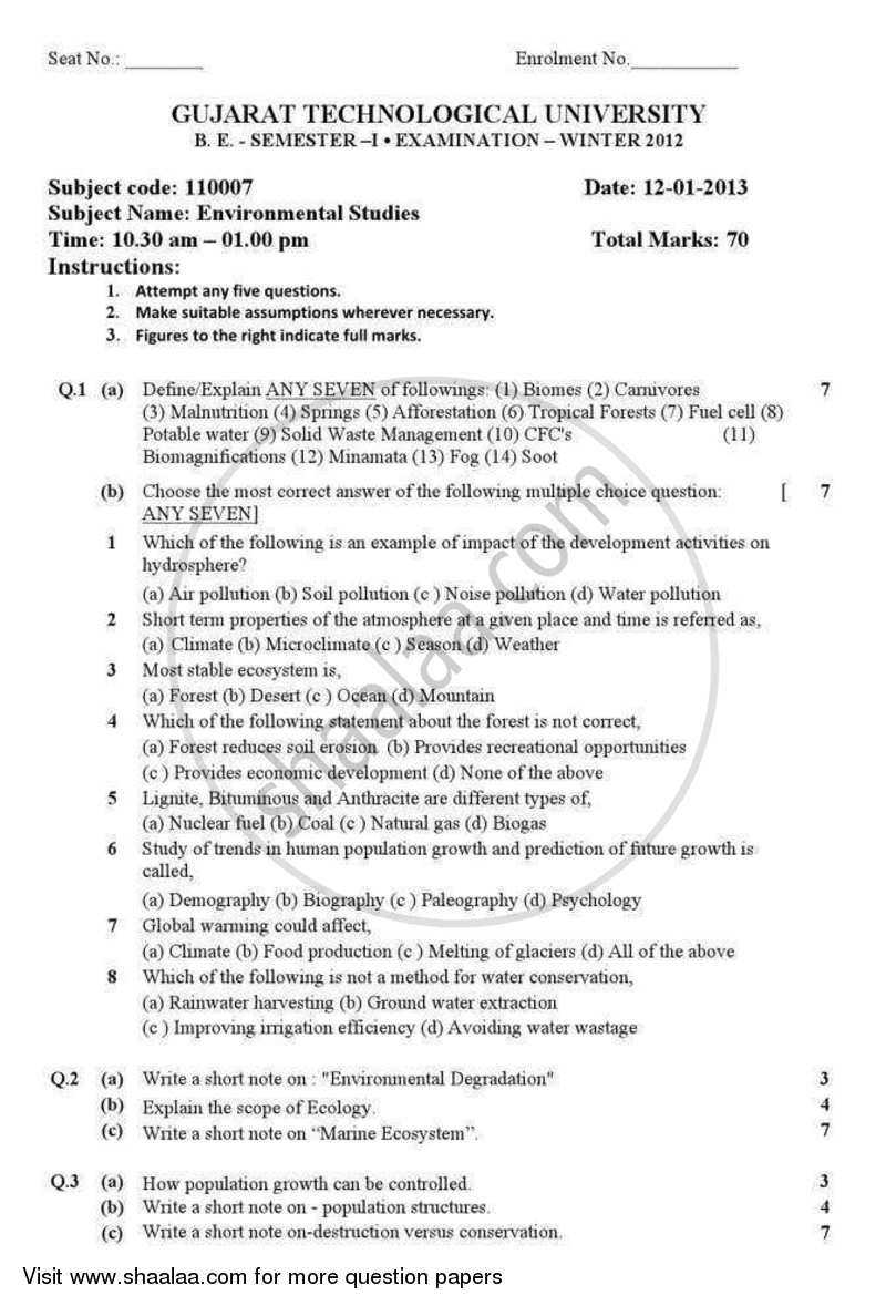 Environmental Studies 2012-2013 - B.E. - Semester 1 (FE First Year) - Gujarat Technological University (GTU) question paper with PDF download