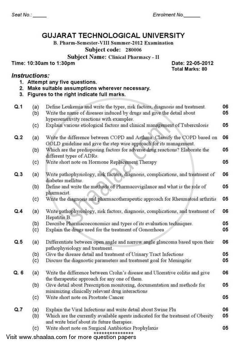 Clinical Pharmacy 2 2011-2012 - B.Pharm. - Semester 8 - Gujarat Technological University (GTU) question paper with PDF download