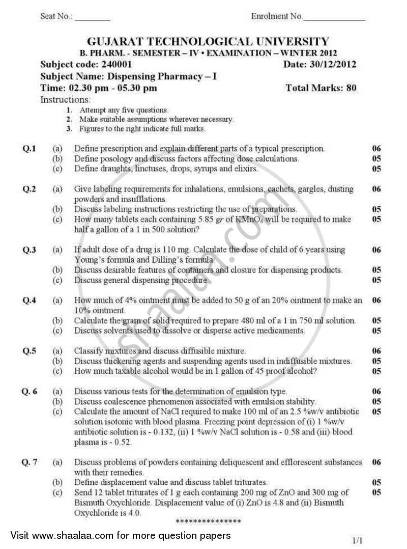 Dispensing Pharmacy 1 2012-2013 - B.Pharm. - Semester 4 - Gujarat Technological University (GTU) question paper with PDF download