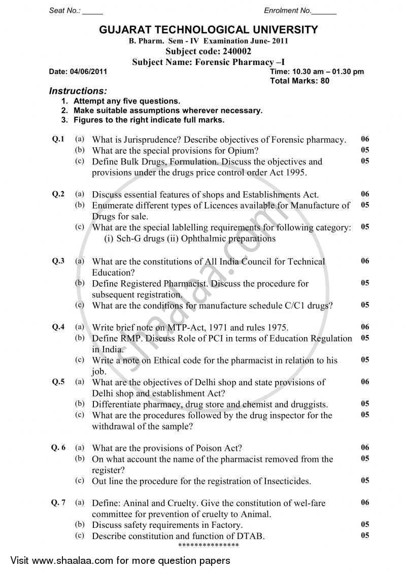 Forensic Pharmacy 1 2010-2011 - B.Pharm. - Semester 4 - Gujarat Technological University (GTU) question paper with PDF download
