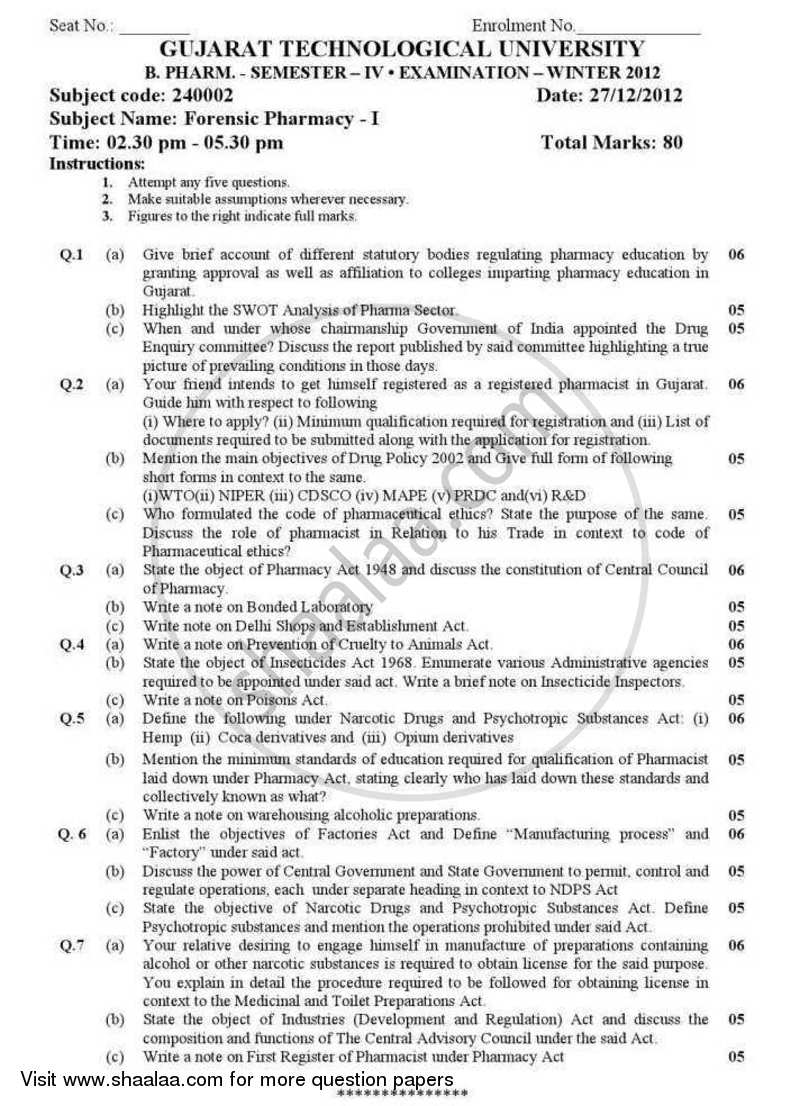 Forensic Pharmacy 1 2012-2013 - B.Pharm. - Semester 4 - Gujarat Technological University (GTU) question paper with PDF download