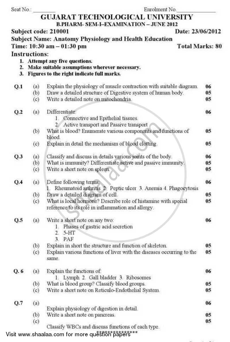 Human Anatomy Physiology and Health Education 1 2011-2012 - B.Pharm. - Semester 1 - Gujarat Technological University (GTU) question paper with PDF download