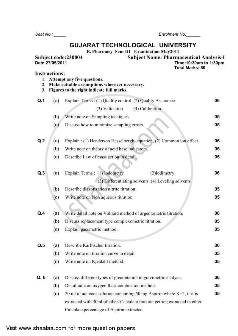 Pharmaceutical Analysis 1 2010-2011 - B.Pharm. - Semester 3 - Gujarat Technological University (GTU) question paper with PDF download