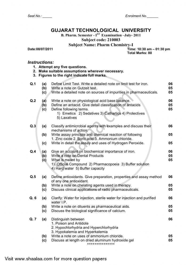 Pharmaceutical Chemistry 1 (Pharmaceutical Inorganic Chemistry) 2010-2011 - B.Pharm. - Semester 1 - Gujarat Technological University (GTU) question paper with PDF download