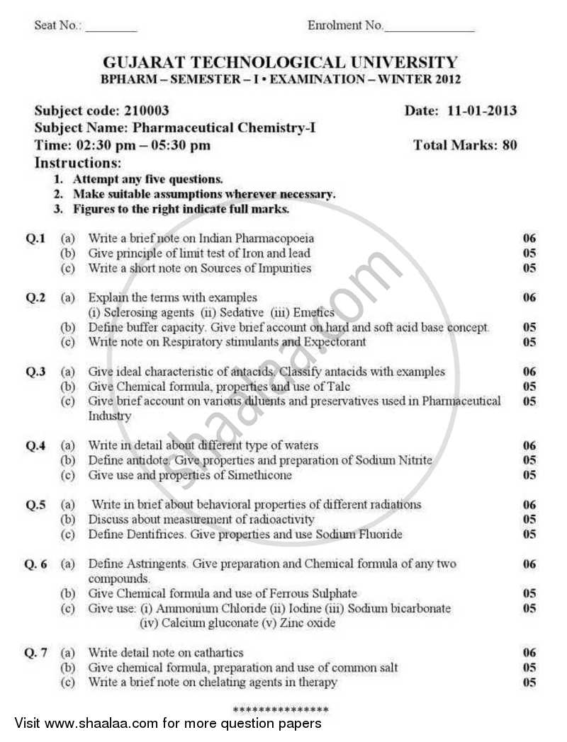 Pharmaceutical Chemistry 1 (Pharmaceutical Inorganic Chemistry) 2012-2013 - B.Pharm. - Semester 1 - Gujarat Technological University (GTU) question paper with PDF download