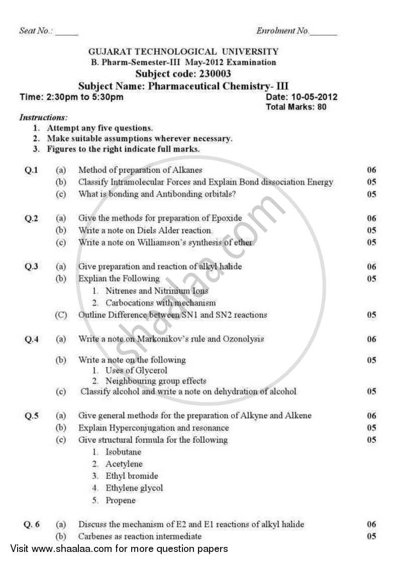 Pharmaceutical Chemistry 3 (Organic) 2012-2013 - B.Pharm. - Semester 3 - Gujarat Technological University (GTU) question paper with PDF download