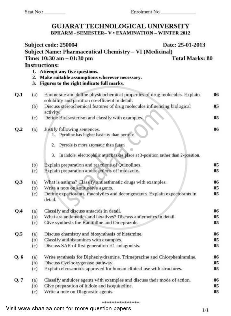 Pharmaceutical Chemistry 6 (Medicinal) 2012-2013 - B.Pharm. - Semester 5 - Gujarat Technological University (GTU) question paper with PDF download