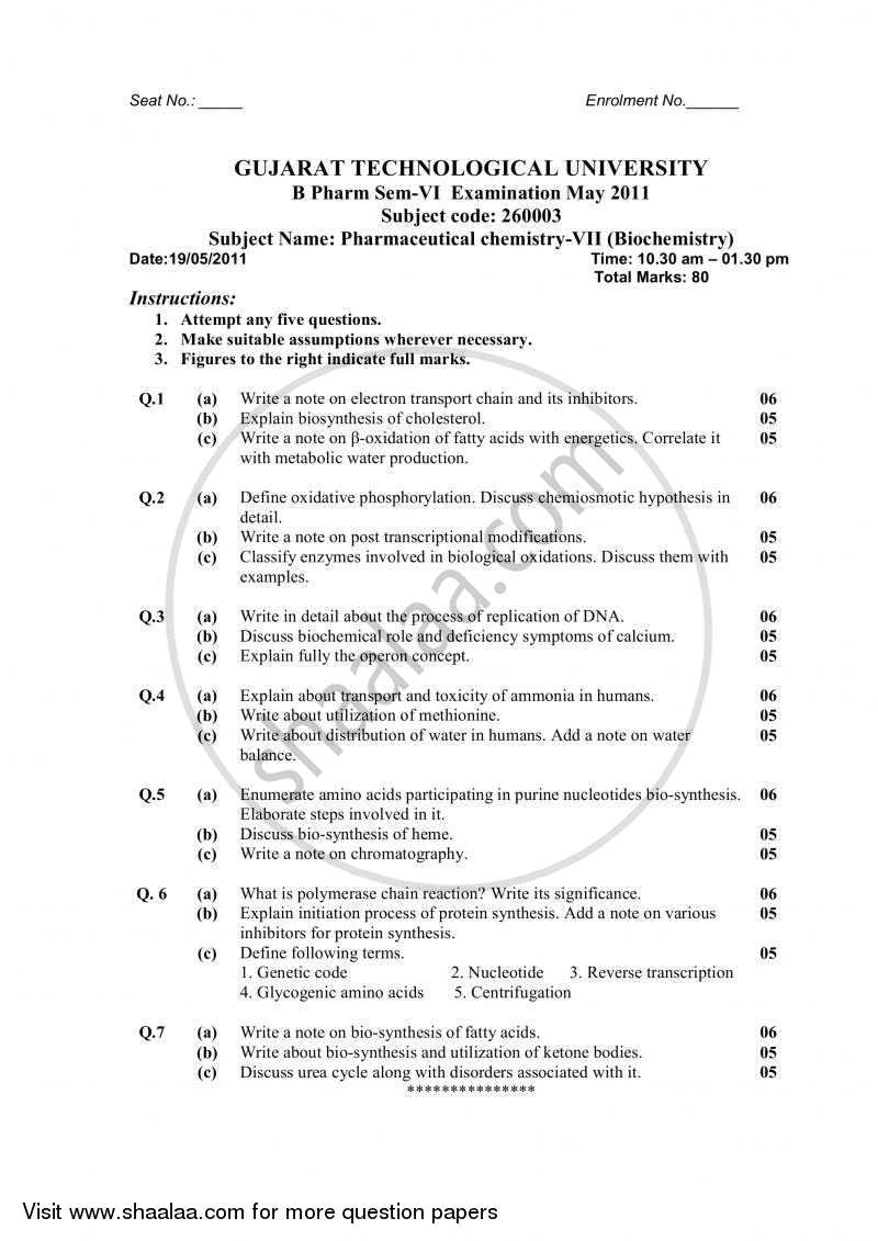 Pharmaceutical Chemistry 7 (Biochemistry) 2010-2011 - B.Pharm. - Semester 6 - Gujarat Technological University (GTU) question paper with PDF download