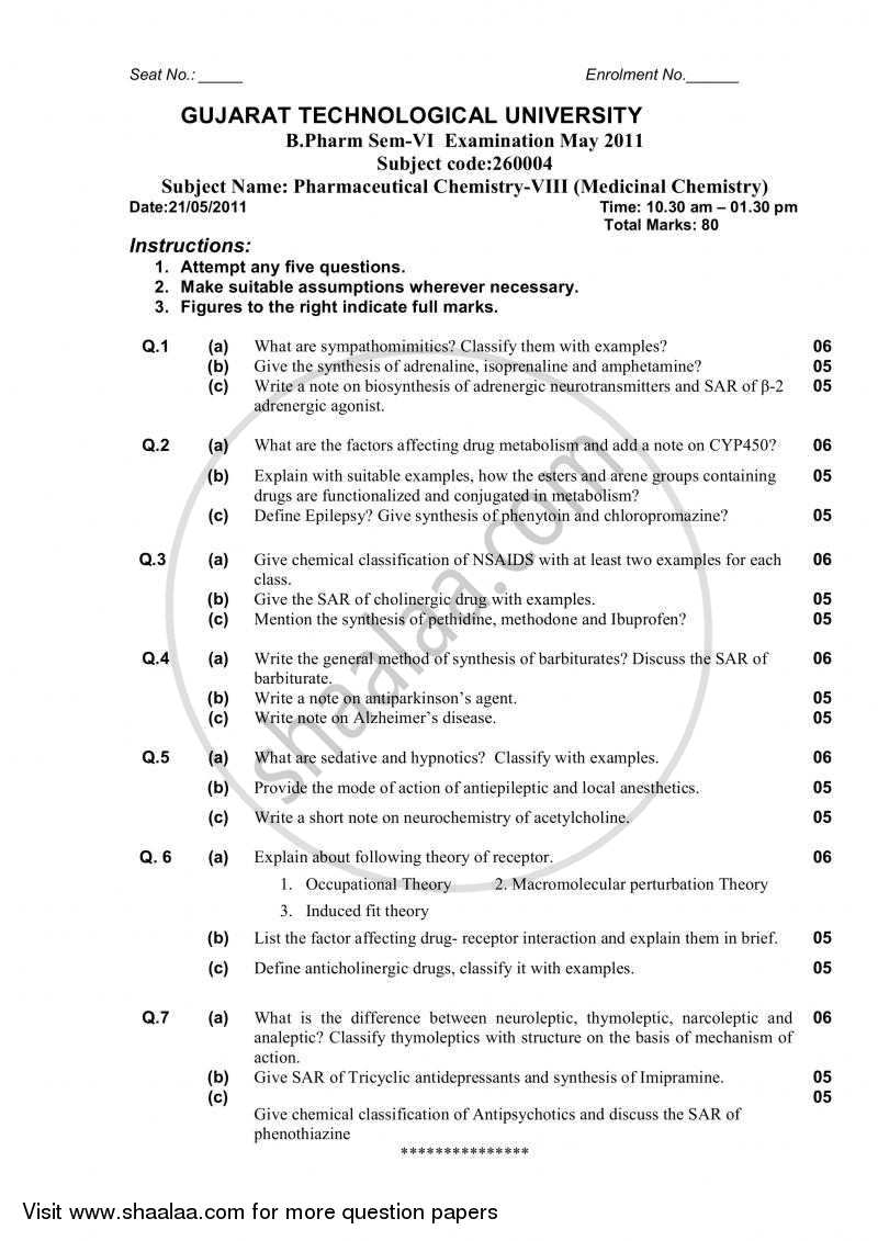 Pharmaceutical Chemistry 8 (Medicinal Chemistry) 2010-2011 - B.Pharm. - Semester 6 - Gujarat Technological University (GTU) question paper with PDF download