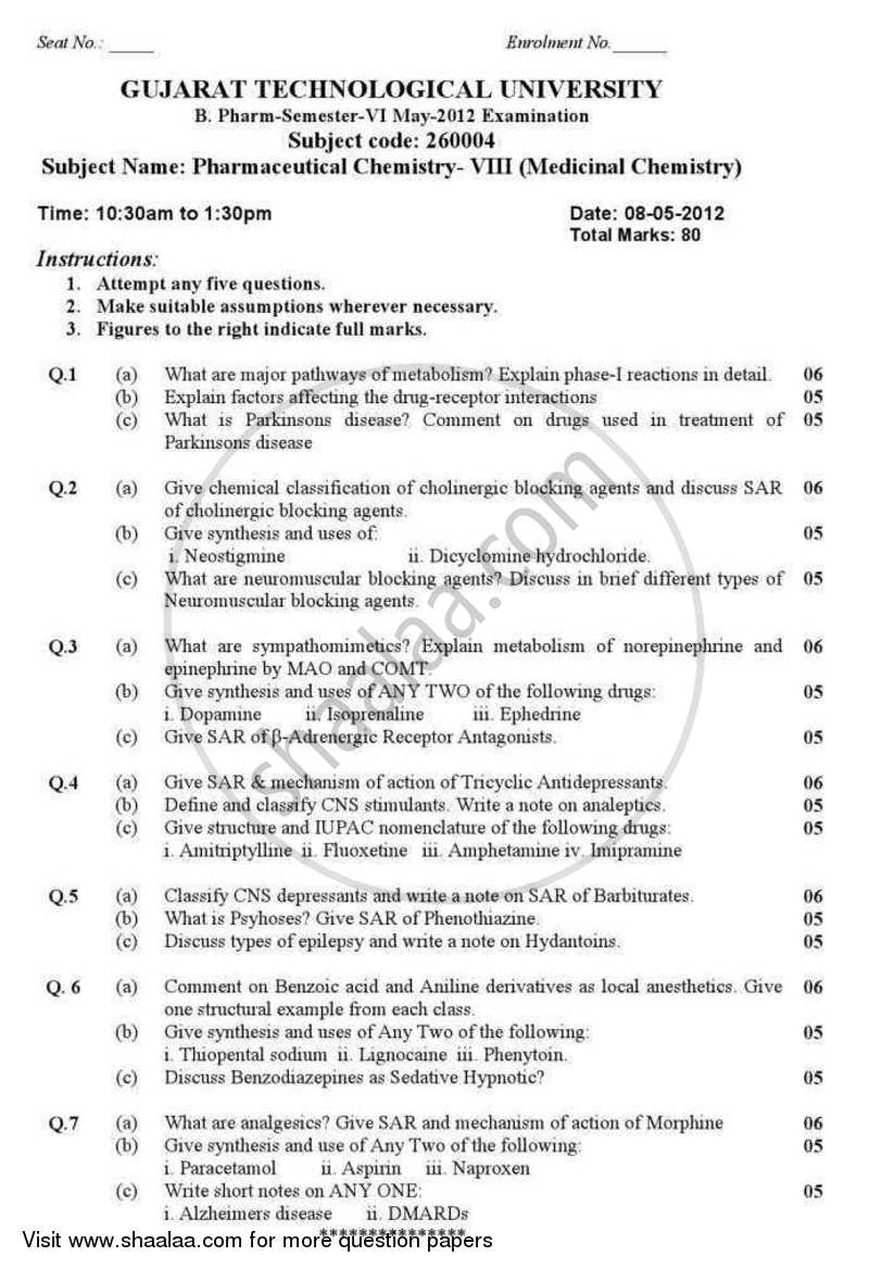 Pharmaceutical Chemistry 8 (Medicinal Chemistry) 2012-2013 - B.Pharm. - Semester 6 - Gujarat Technological University (GTU) question paper with PDF download
