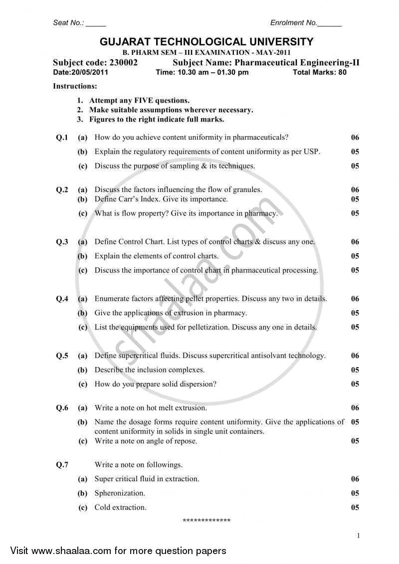 Pharmaceutical Engineering 2 2010-2011 - B.Pharm. - Semester 3 - Gujarat Technological University (GTU) question paper with PDF download